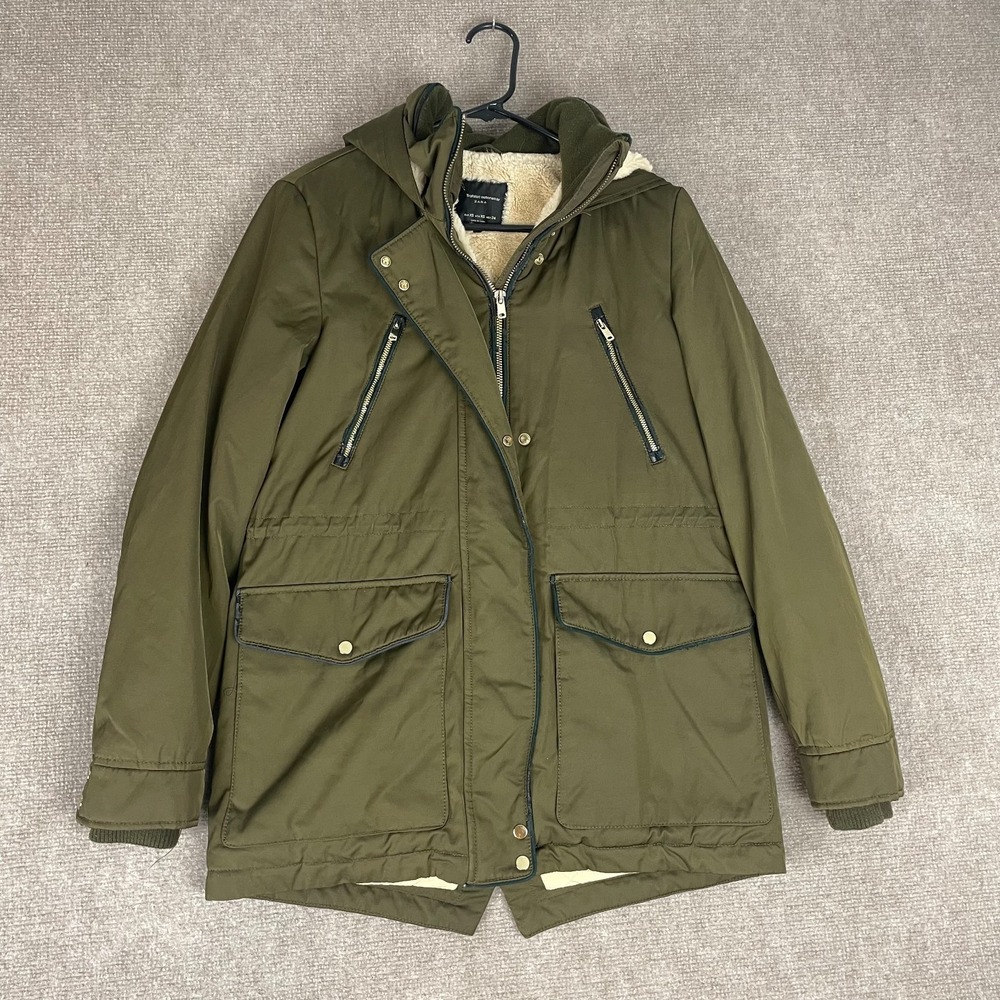 Zara Trafaluc Outerwear Hooded Jacket Women XS Olive Green Fleece Lined Full Zip